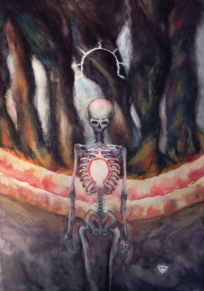 Ashin One, a original work of Watercolor and Watercolor Pencil. Watercolour skeleton in a land fo...