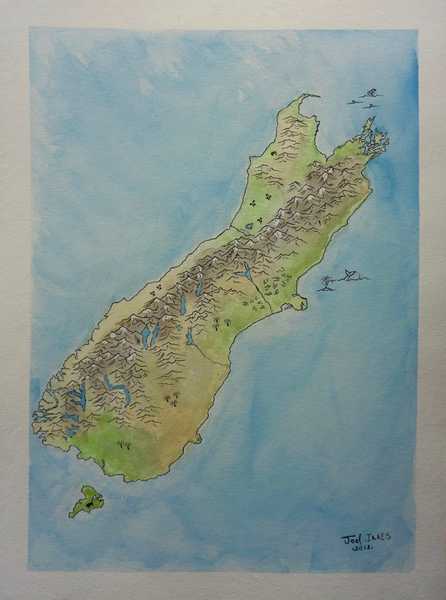 Map of the South Island, a print of the original Ink and Watercolor. undefined