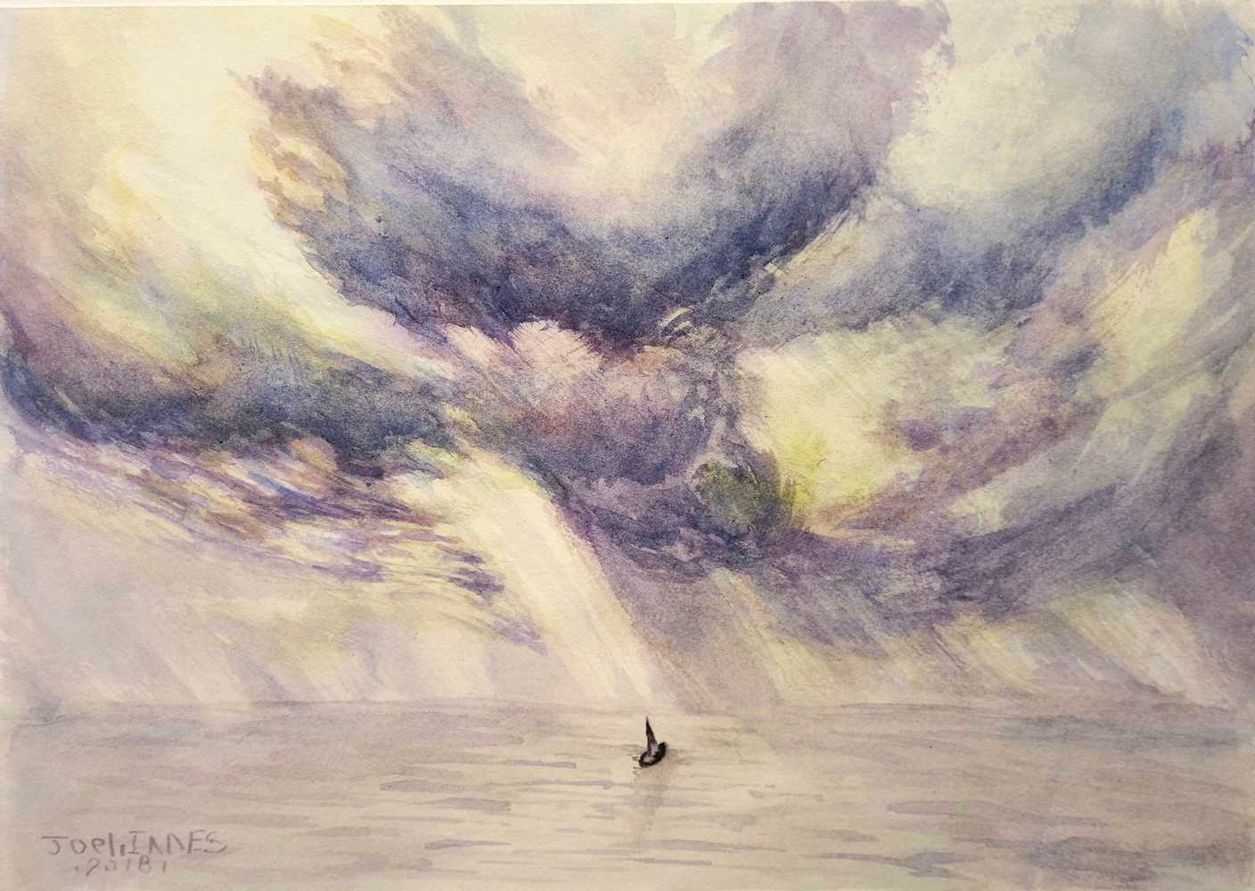 Storm, a original work of Watercolor. A painting of a summer storm over the sea, exploding with l...