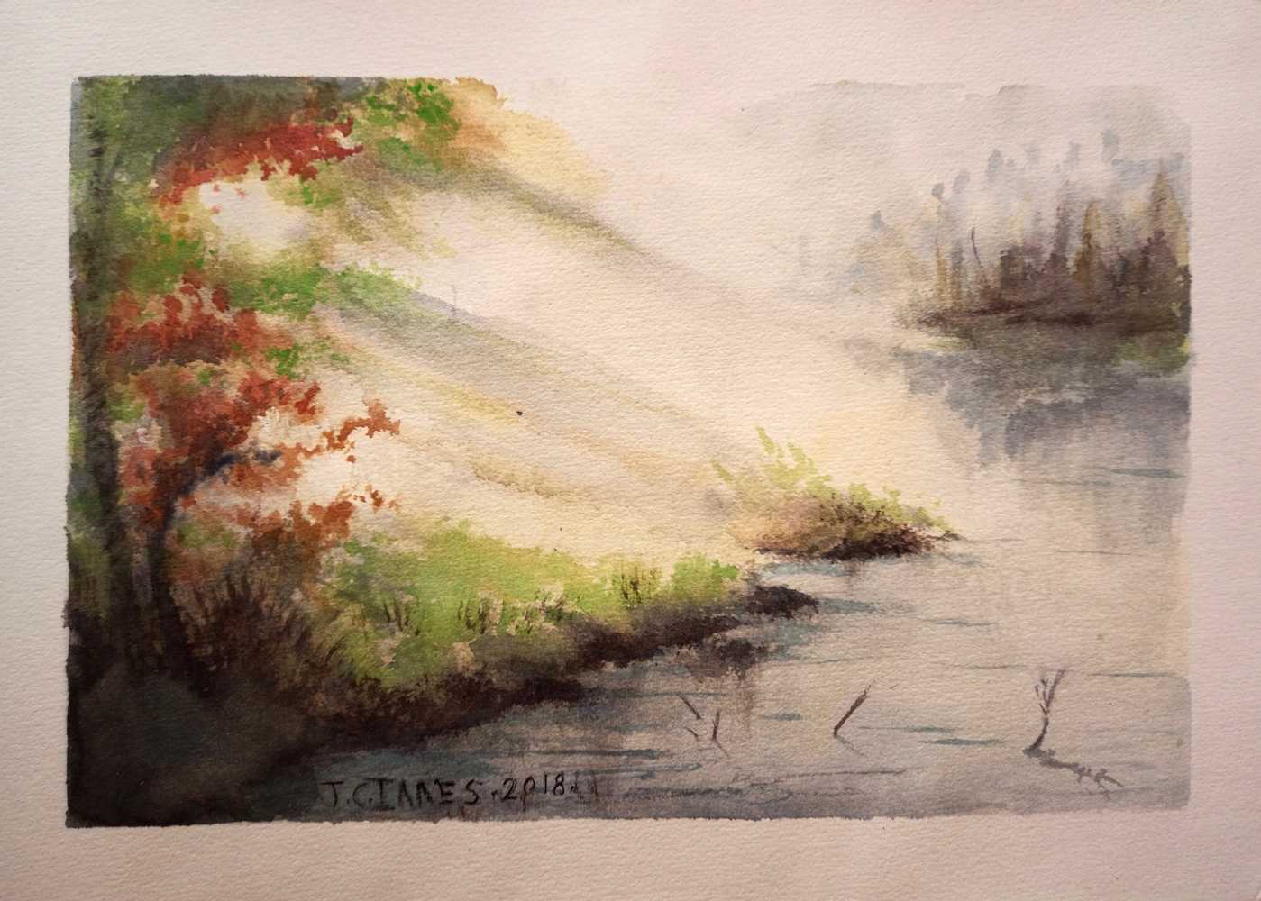 River Afternoon, a original work of Watercolor. Light shines through the trees on to the river on...